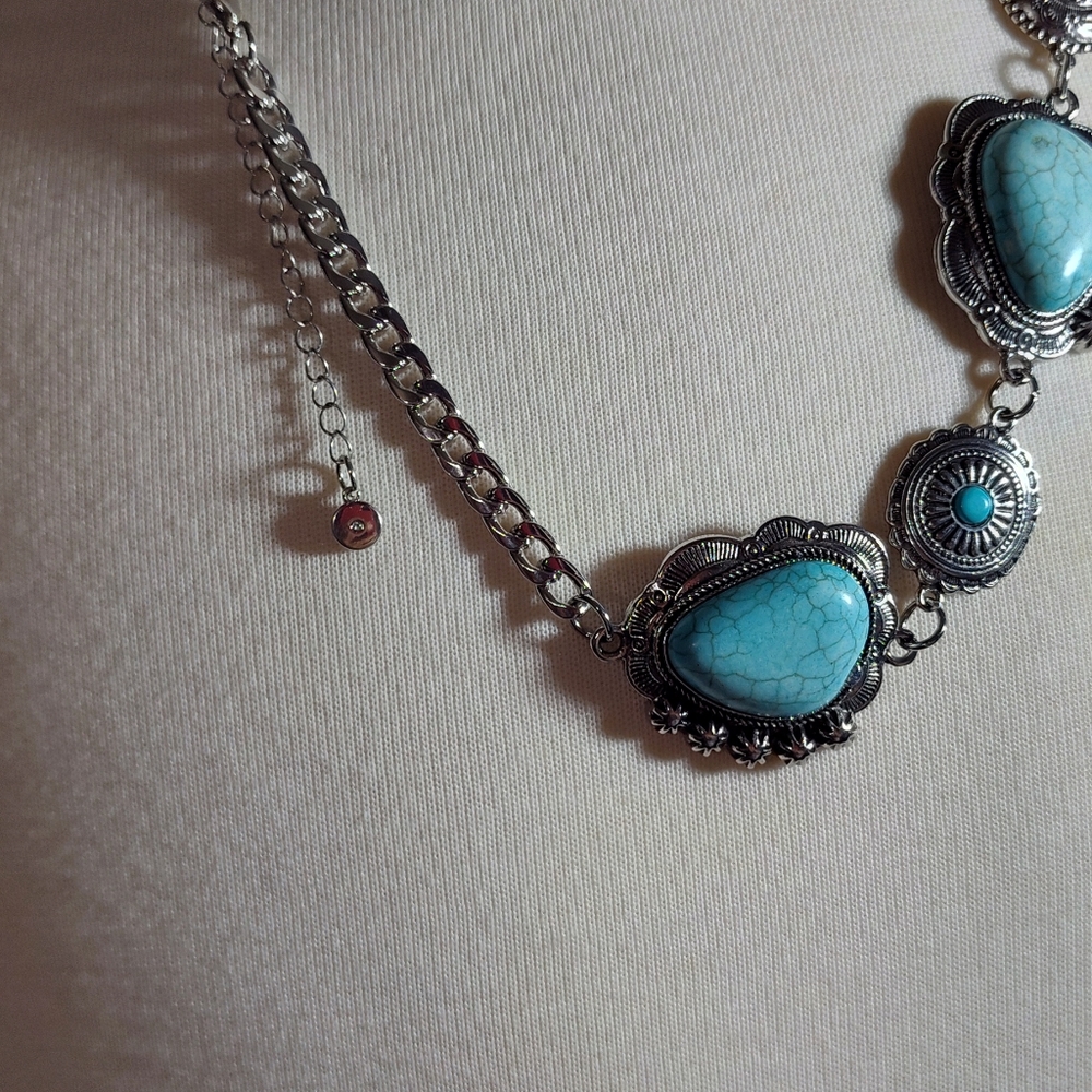 Turquoise and Silver Statement Necklace Accent Crystal Bling NWOT - Picture 3 of 3